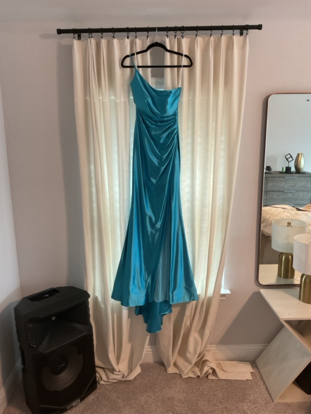 Teal Sherri hill Satin One-Shoulder Evening Gown